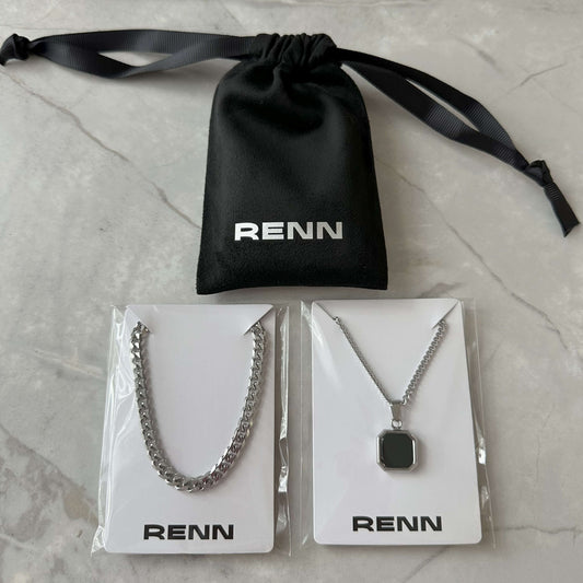 Silver Necklace Set : Black, Blue or White Square Pendant Necklace and 5mm Curb Chain