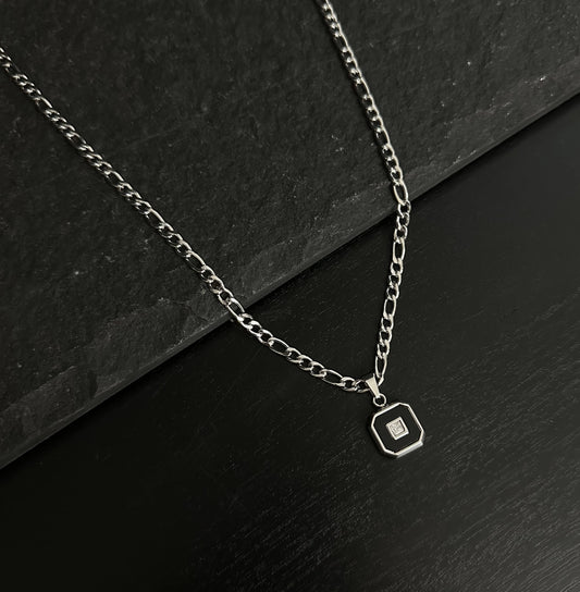 Silver Stainless Steel Black Square and Zircon Pendant Necklace for Men or Women - Boutique Wear RENN