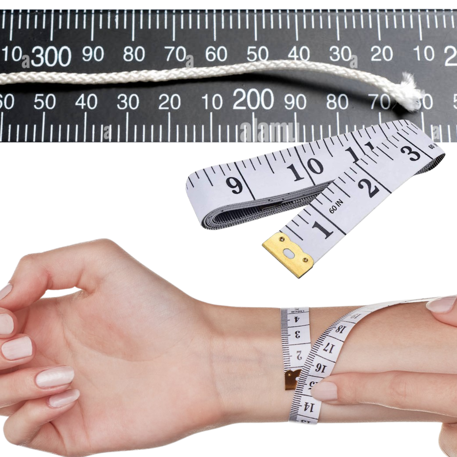 Measing tape and persons wrist displaying how to measure a wrist for bracelets