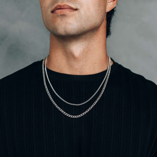 Silver Chain Necklace Set : 3mm Curb Chain and 4mm Curb Chain
