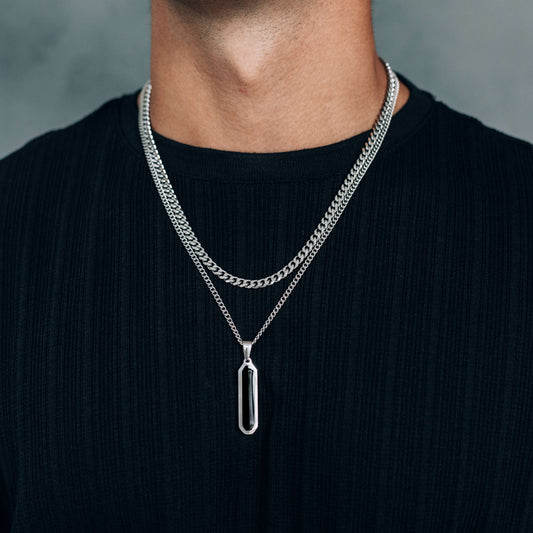 Silver Necklace Set : Black Bar Pendant Necklace and 5mm Curb Chain - Stainless Steel necklace / Boutique Wear RENN
