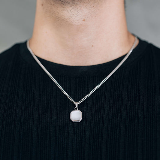 Silver Black, Blue or White Square Pendant Necklace 3mm Curb Chain For Men or Women - Necklace - Boutique Wear RENN