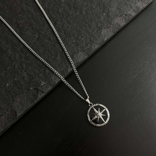 Silver Stainless Steel Black Compass Pendant Necklace For Men - Boutique Wear RENN