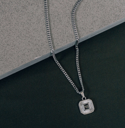 Silver Square Pendant Necklace WIth Black Cubic Zirconia Stone For Men or Women - Pendant Necklace - Boutique Wear RENN