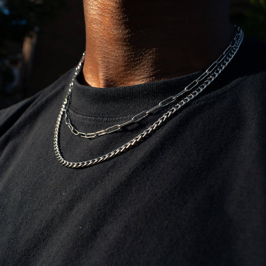 Silver Necklace Set : 4mm Curb Chain and 4mm Paperclip Chain - Stainless Steel Chains - Boutique Wear RENN