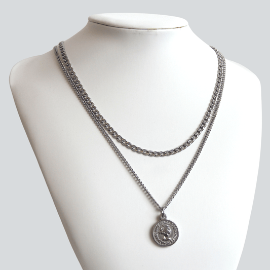 Silver Necklace Set for Men : Coin Pendant Necklace and 4mm Curb Chain - Necklace Set - Boutique Wear RENN