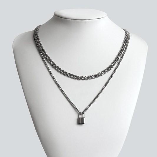 Silver Necklace Set For Men : 6mm Curb Chain and Lock Pendant Necklace - Boutique Wear RENN