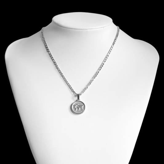 Silver World Map Coin Pendant Necklace 3mm Figaro Chain For Men or Women - Necklace - Boutique Wear RENN