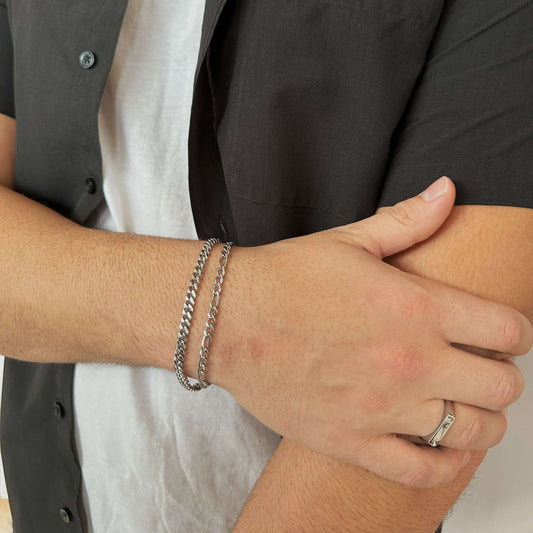 Bracelet Set : Silver 5mm Curb & 4.5mm Figaro Chain Bracelets - stainless steel - for men - Boutique Wear RENN