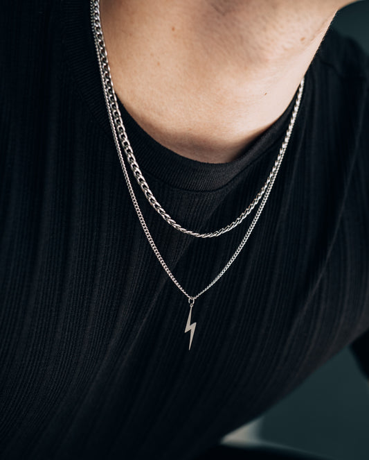 Silver Necklace Set For Men or Women : Lightning Bolt Pendant Necklace and 4mm Curb Chain - Boutique Wear RENN