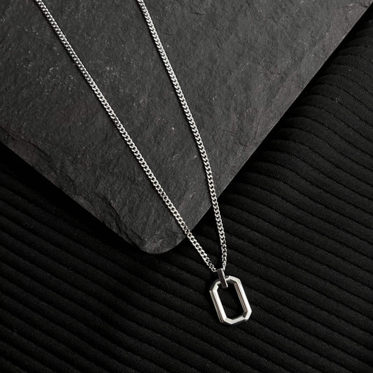 Silver Oval Rectangle Pendant Necklace 3mm Curb Chain For Men or Women - Pendant Necklace - Boutique Wear RENN