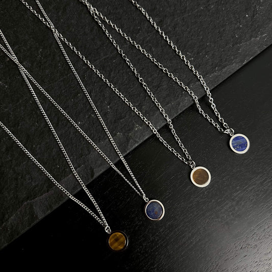 Silver Stainless Steel Blue or Brown Round Pendant Necklace For Men - Boutique Wear RENN