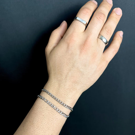Bracelet Set : Silver 4mm Curb & 4.5mm Figaro Chain Bracelets For Men or Women - Stainless Steel - Boutique Wear RENN