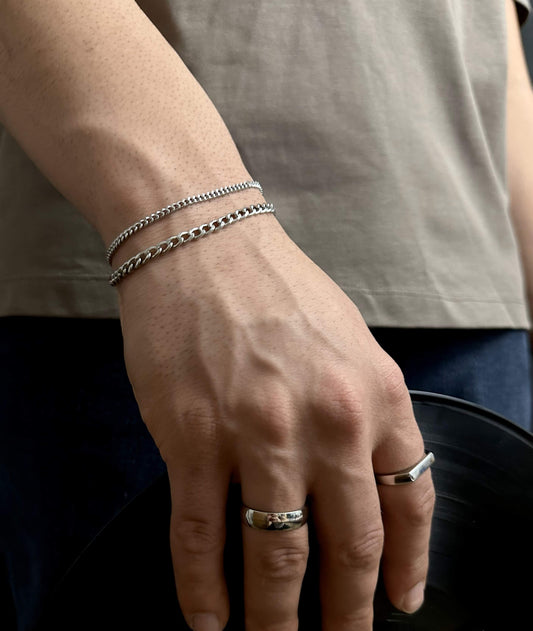 Bracelet Set : Silver 3mm & 4mm Curb Chain Bracelets Stainless Steel for men or women - Boutique Wear RENN