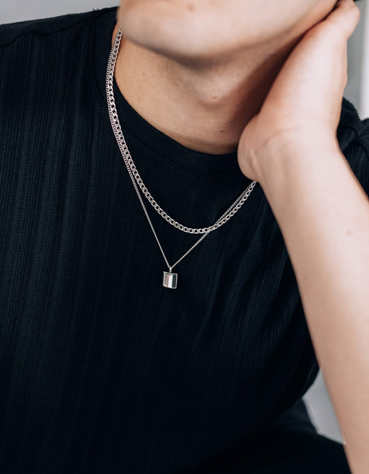 Silver Necklace Set : Square Pendant Necklace and 4mm Curb Chain - Stainless Steel - Boutique Wear RENN