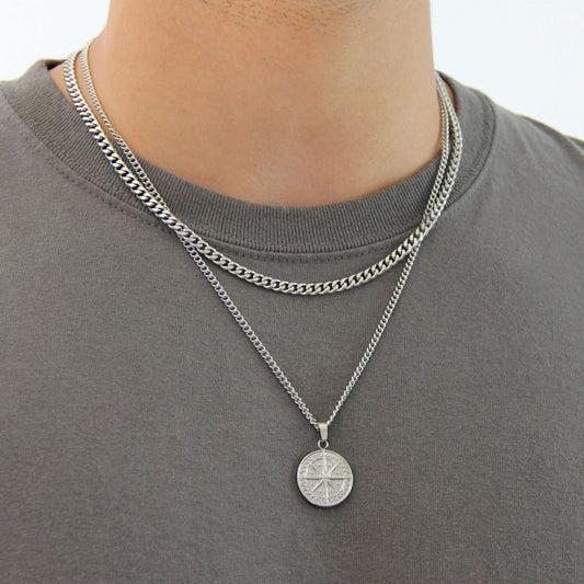 Silver Necklace Set For Men : Compass Pendant Necklace and 5mm Cuban Curb Chain