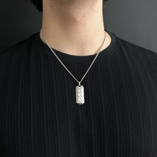 Silver Stainless Steel Rectangle Tire Pendant Necklace For Men - Boutique Wear RENN