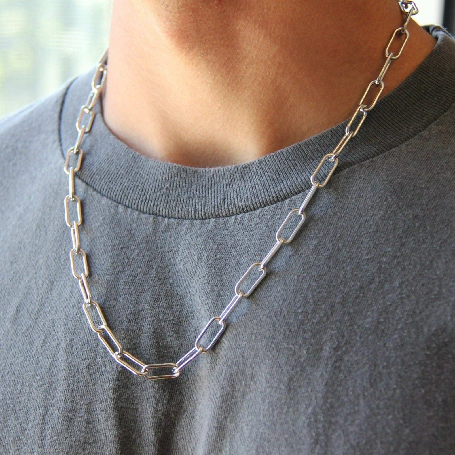 Chunky Silver 7mm Paperclip Link Chain Necklace For Men or Women