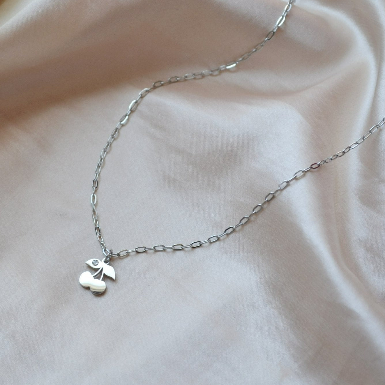 Dainty Silver Cherry Pendant Necklace Mini Paperclip Chain For Women - Necklace - Boutique Wear RENN
