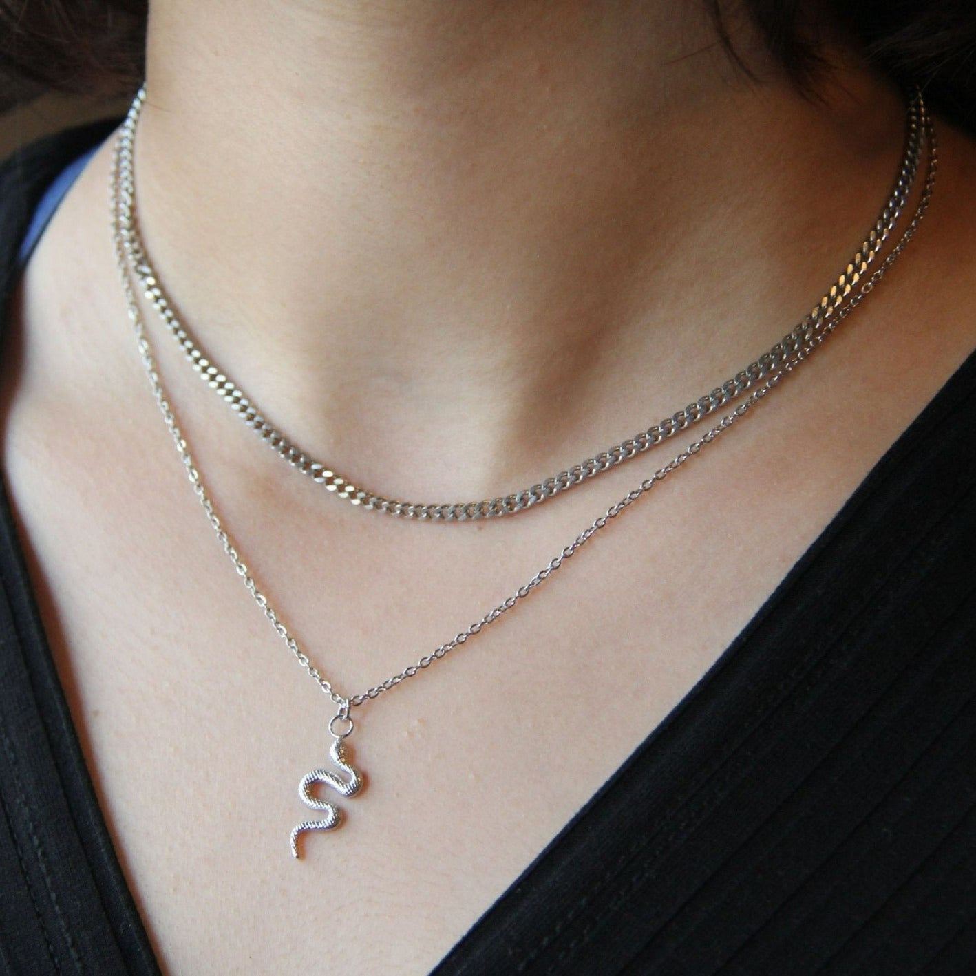 Dainty Silver Necklace Set For Women - Snake Pendant Necklace & 3mm Curb  Chain - Boutique Wear RENN