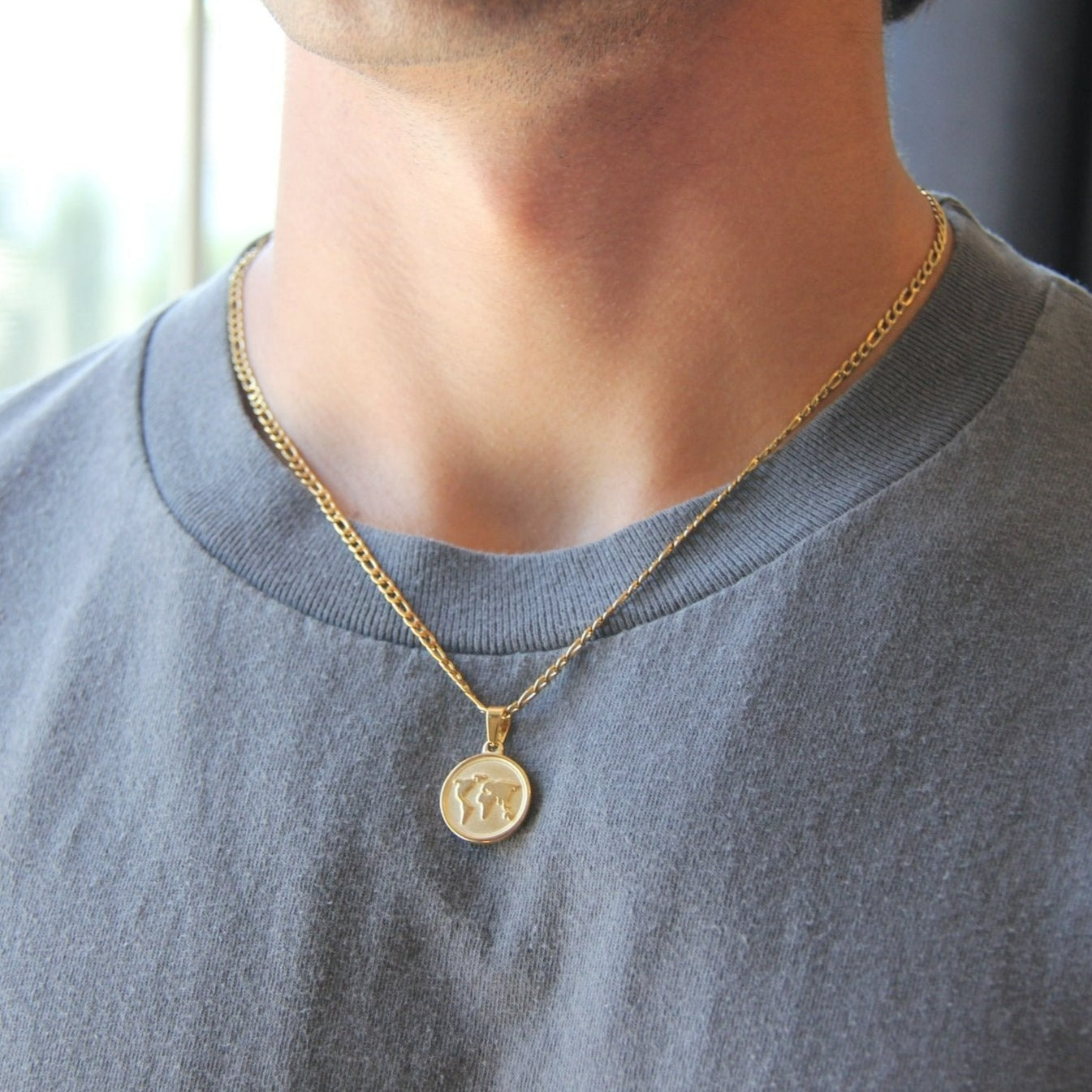 Gold World Map Pendant Necklace 3mm Figaro Chain For Men or Women -  Boutique Wear RENN