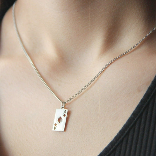 Silver Ace Of Spade Playing Card Pendant Necklace Curb Chain For Men or Women - Necklace - Boutique Wear RENN
