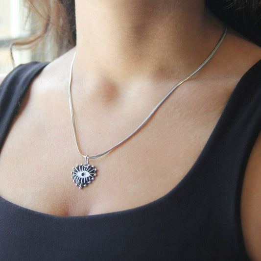 Silver Blue Or Black Evil Eye Heart Pendant Necklace Flat Snake Chain For Women