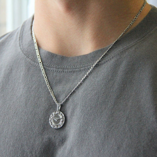 Silver Clock Pendant Necklace 3mm Figaro Chain For Men or Women - Necklace - Boutique Wear RENN