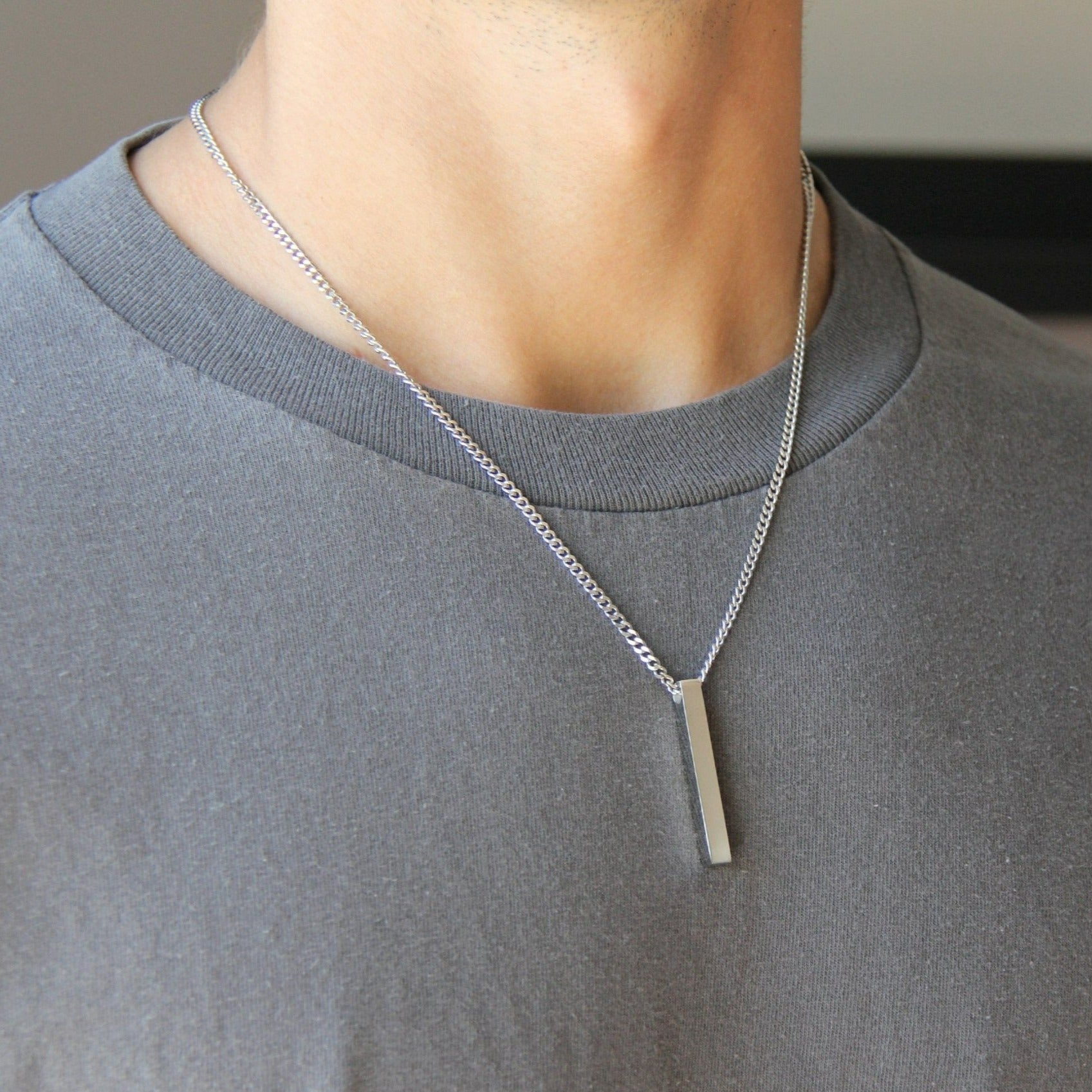 Silver Long Bar Pendant Necklace 3mm Curb Chain For Men