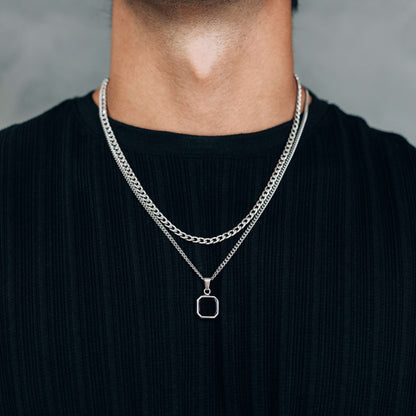 Silver Necklace Set : Black, Blue or White Square Pendant Necklace and 4mm Curb Chain - Stainless Steel Necklaces - Boutique Wear RENN