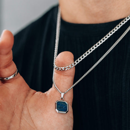 Silver Necklace Set : Black, Blue or White Square Pendant Necklace and 4mm Curb Chain - Stainless Steel Necklaces - Boutique Wear RENN