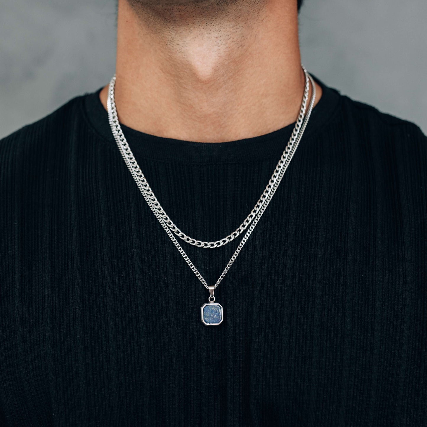 Silver Necklace Set : Black, Blue or White Square Pendant Necklace and 4mm Curb Chain - Stainless Steel Necklaces - Boutique Wear RENN