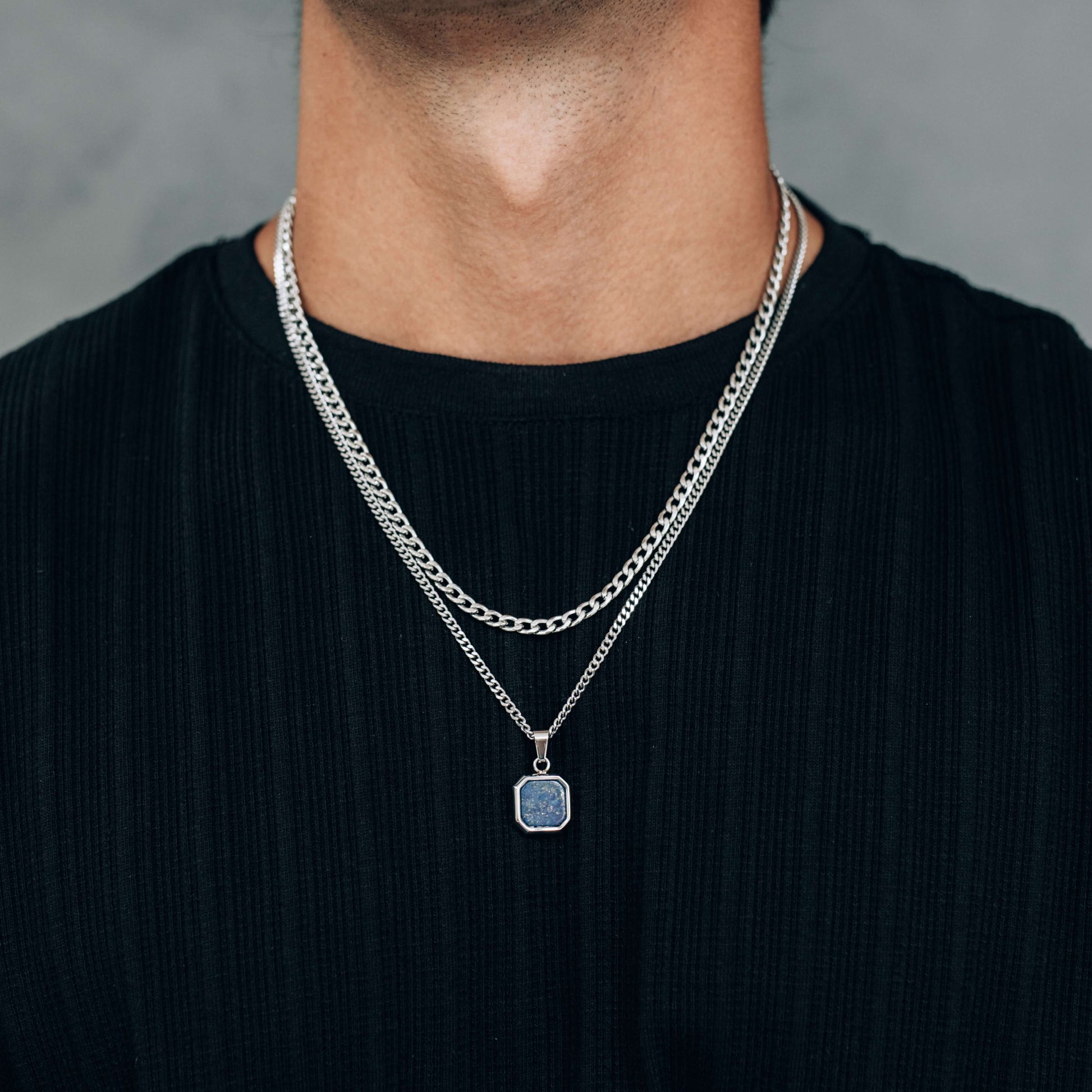 Silver Necklace Set : Black, Blue or White Square Pendant Necklace and 4mm Curb Chain - Stainless Steel Necklaces - Boutique Wear RENN