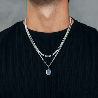 Silver Necklace Set : Black, Blue or White Square Pendant Necklace and 4mm Curb Chain - Stainless Steel Necklaces - Boutique Wear RENN