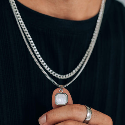 Silver Necklace Set : Black, Blue or White Square Pendant Necklace and 4mm Curb Chain - Stainless Steel Necklaces - Boutique Wear RENN