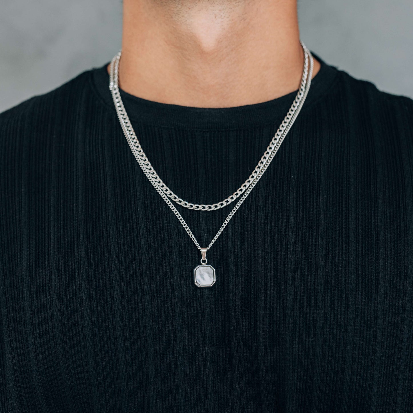 Silver Necklace Set : Black, Blue or White Square Pendant Necklace and 4mm Curb Chain - Stainless Steel Necklaces - Boutique Wear RENN