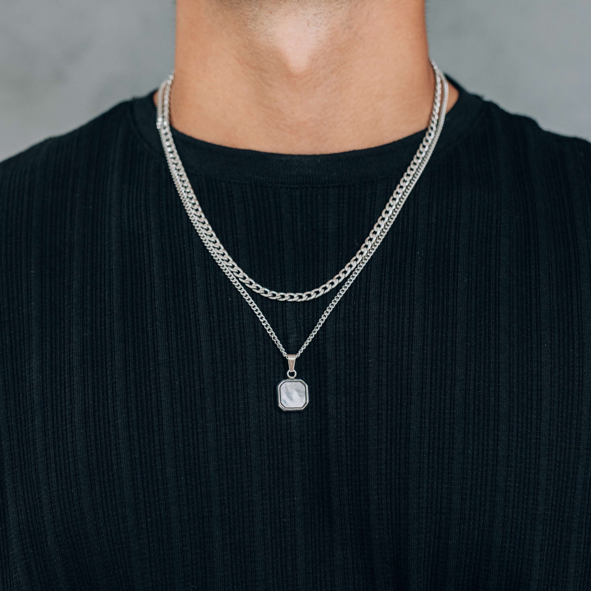 Silver Necklace Set : Black, Blue or White Square Pendant Necklace and 4mm Curb Chain - Stainless Steel Necklaces - Boutique Wear RENN