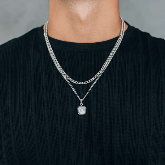 Silver Necklace Set : Black, Blue or White Square Pendant Necklace and 4mm Curb Chain - Stainless Steel Necklaces - Boutique Wear RENN