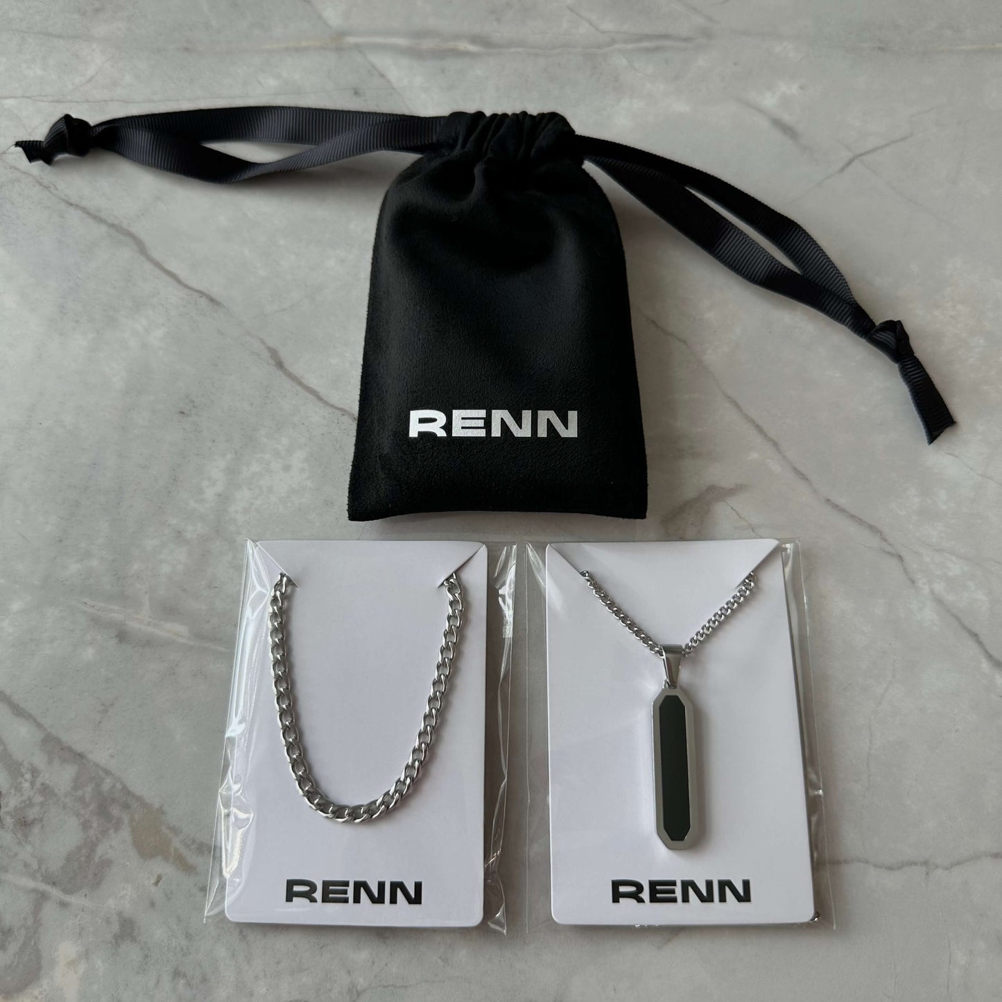 Silver Necklace Set : Black Bar Pendant Necklace and 4mm Curb Chain - stainless steel necklaces - Boutique Wear RENN