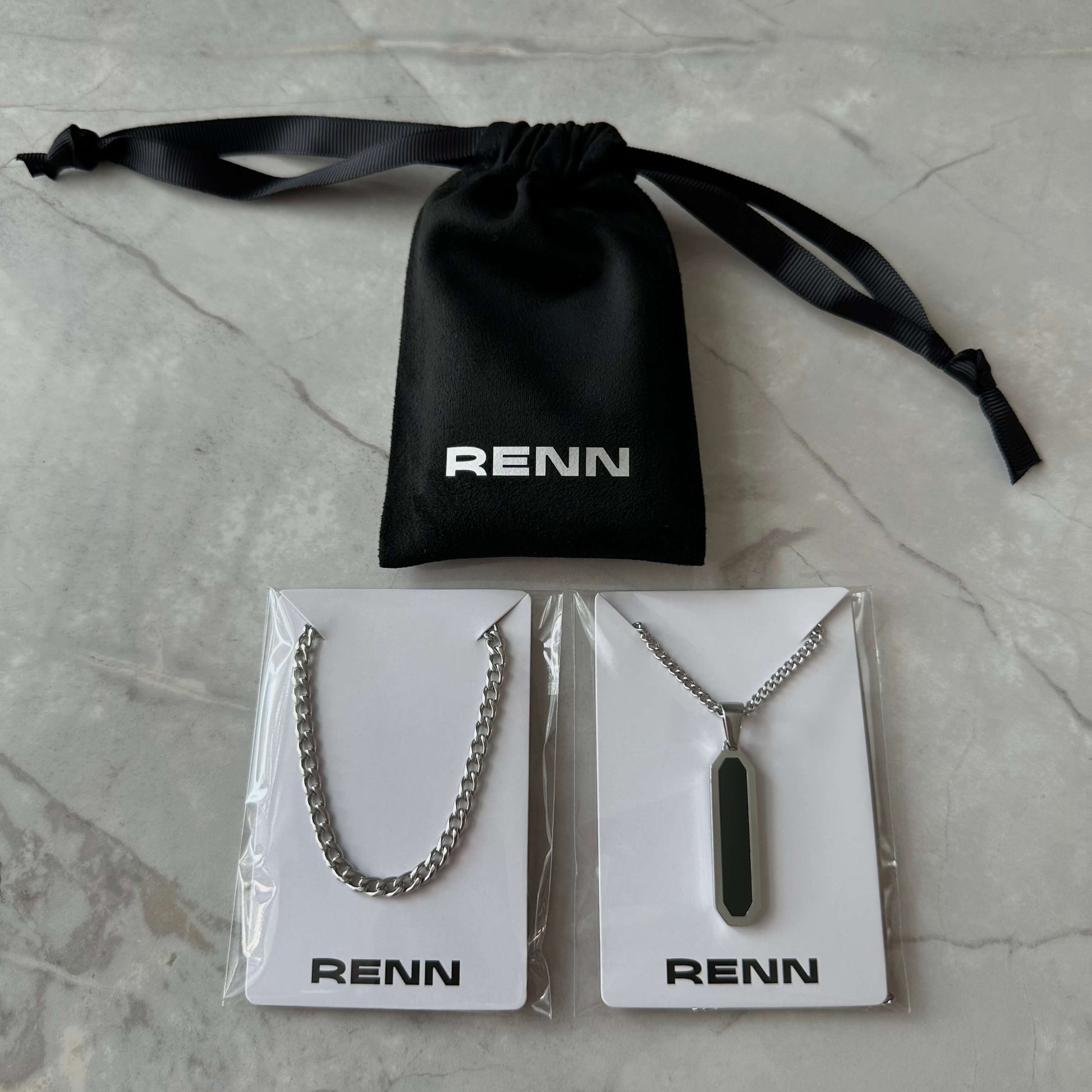 Silver Necklace Set : Black Bar Pendant Necklace and 4mm Curb Chain - stainless steel necklaces - Boutique Wear RENN