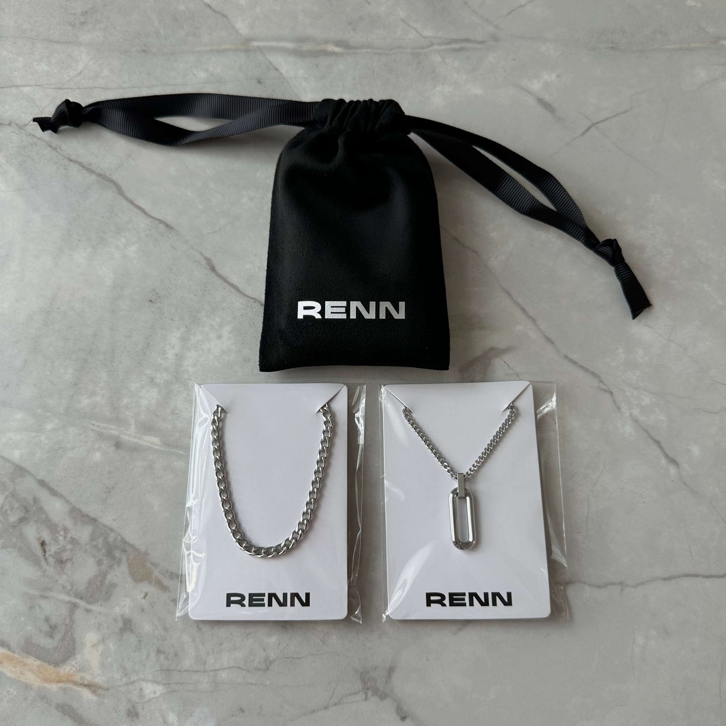 Silver Necklace Set for Men : Oval Pendant Necklace and 4mm Curb Chain