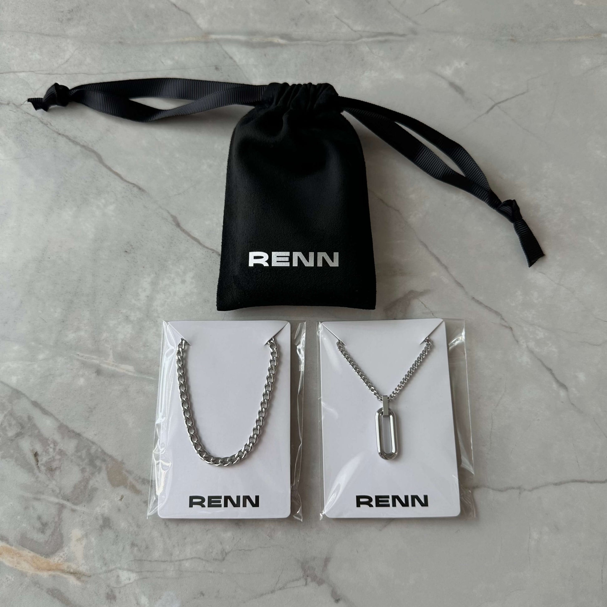 Silver Necklace Set for Men : Oval Pendant Necklace and 4mm Curb Chain