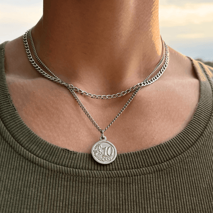 Silver Necklace Set for Men : Coin Pendant Necklace and 4mm Curb Chain - Necklace Set -  Boutique Wear RENN