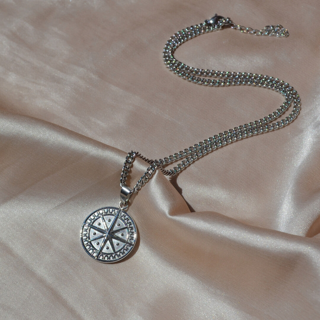 Silver Necklace Set For Men : Compass Pendant Necklace and 5mm Cuban Curb Chain