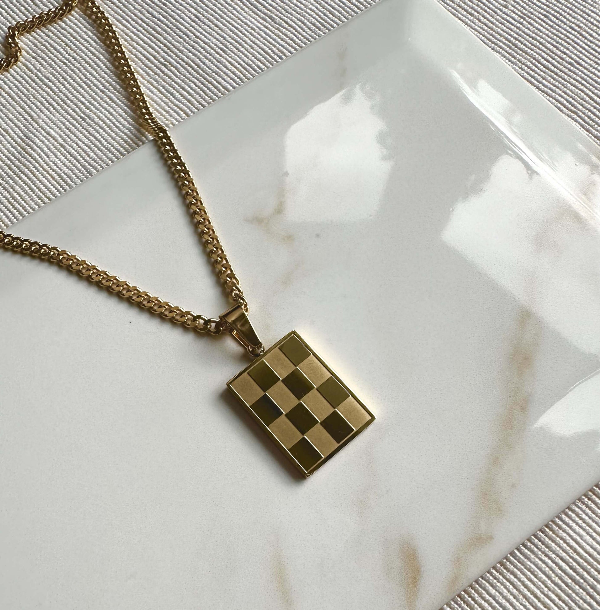 Gold Rectangle Checkered Pendant Necklace 3mm Curb Chain For Men or Women