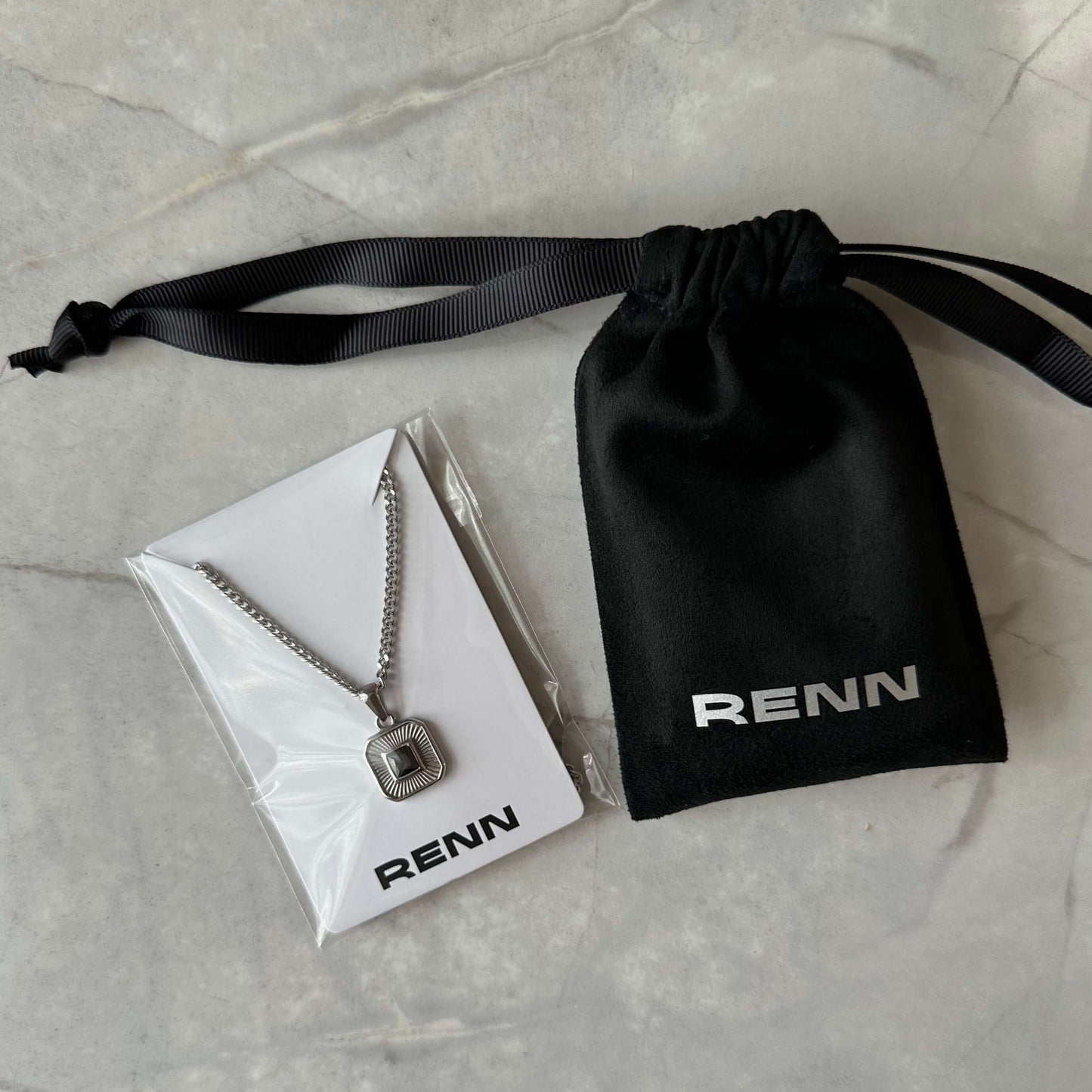 Silver Square Pendant Necklace WIth Black Cubic Zirconia Stone For Men or Women - Pendant Necklace - Boutique Wear RENN 