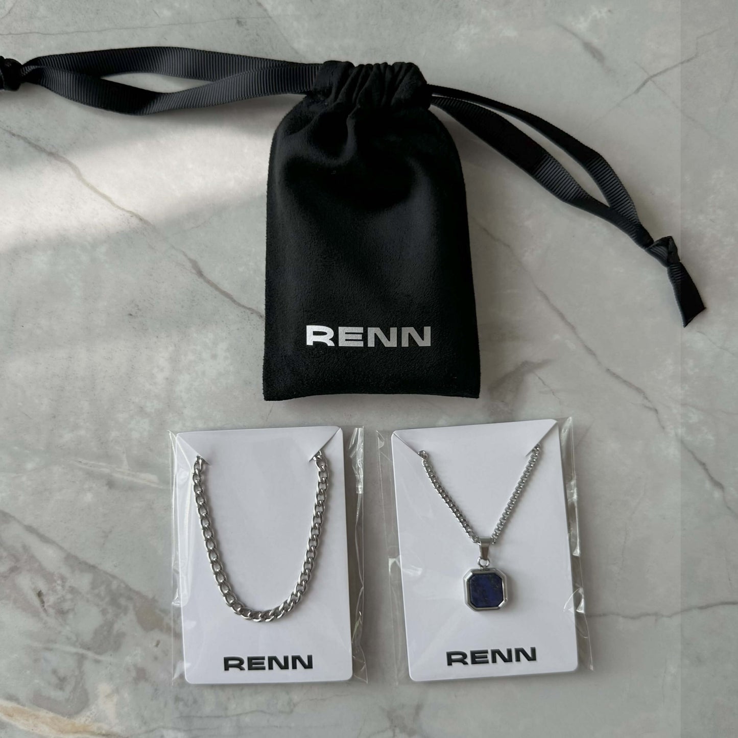 Silver Necklace Set : Black, Blue or White Square Pendant Necklace and 4mm Curb Chain - Stainless Steel Necklaces - Boutique Wear RENN