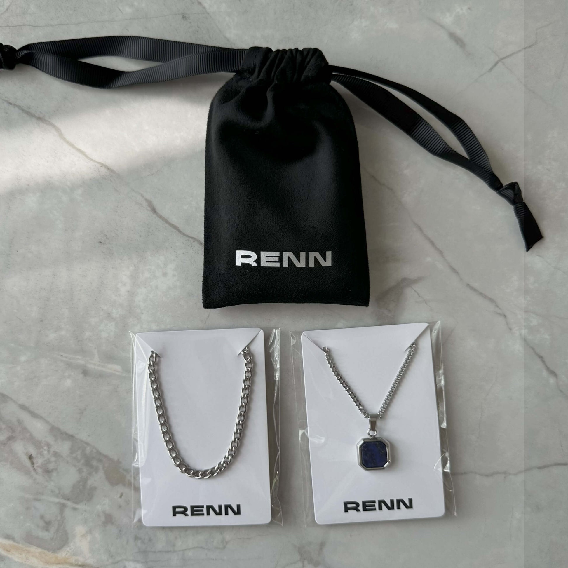 Silver Necklace Set : Black, Blue or White Square Pendant Necklace and 4mm Curb Chain - Stainless Steel Necklaces - Boutique Wear RENN