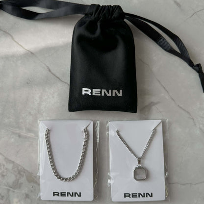 Silver Necklace Set : Black, Blue or White Square Pendant Necklace and 4mm Curb Chain - Stainless Steel Necklaces - Boutique Wear RENN