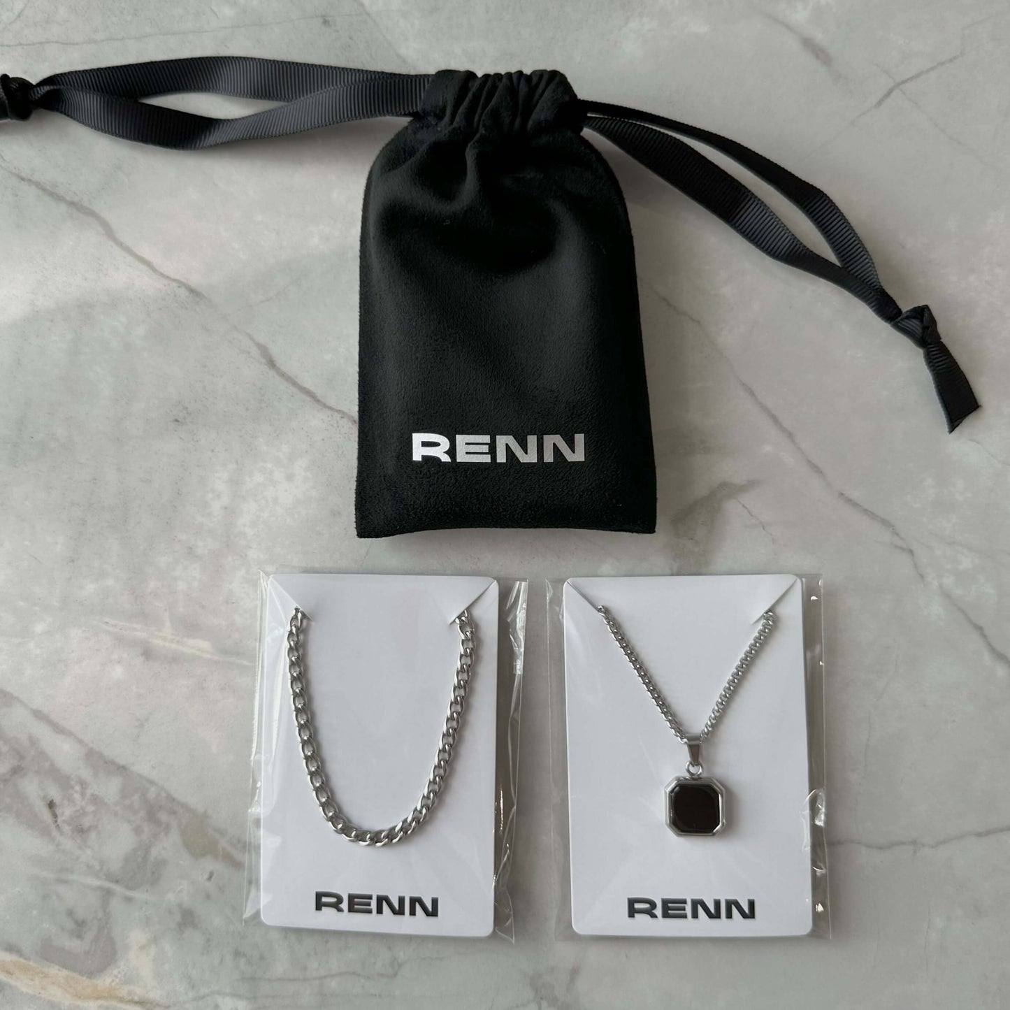 Silver Necklace Set : Black, Blue or White Square Pendant Necklace and 4mm Curb Chain - Stainless Steel Necklaces - Boutique Wear RENN